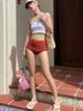 Bikini Coreano Nuevo Estilo 2025 Color Contrastante Espalda Hermosa Borde Volador Tubo Superior Plisado Cintura Alta Cubre Vientre con Abertura para Mujeres