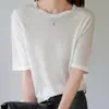 Camiseta base de punto fina 100% soluble en agua para mujer, manga corta, cuello redondo, ultrafina, ajuste ceñido, top versátil nuevo