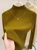 Nova blusa de base feminina para outono e inverno, top de malha de manga comprida com gola semifechada, preto, tamanho único