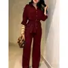Conjunto de Camisa de Color Sólido con Cintura de Cordón y Pantalones de Pierna Ancha Estilo Europeo y Americano 2026, Conjunto de Dos Piezas Suelto y Adelgazante para Mujer para Exportación