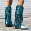40--48 Tamanho Grande Botas Comércio Exterior Transfronteiriço Botas com Franjas Europeias e Americanas Bico Fino Salto Grosso Cano Alto Botas Longas Femininas Botas Western Dropshipping