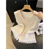Colete de tricô patchwork com acabamento de renda doce estilo coreano para mulheres, novo suéter colete da moda outono e inverno que rejuvenesce