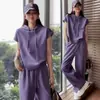 Conjunto Casual Feminino 2025 Manga Curta Algodão Conjunto de Duas Peças Top Calça de Perna Larga Estilo Verão Novo Design de Alto Conteúdo Com Capuz