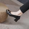 2859-1 Sapatos de couro envernizado pretos 2024 Primavera e Outono Novos com fivela de metal Salto médio Salto grosso Sola macia Sapatos femininos profissionais