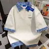 Camiseta de Manga Curta Gola Polo Tendência Nicho 100% Algodão Puro Falsa Peça Dupla para Homens e Mulheres, Top Simples Solto de Verão para Casais