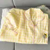 Pijama Lindo Estilo Japonés Oso Talla Grande para Mujer, Manga Larga Primavera y Otoño con Ribete de Encaje, Cuadros Amarillo Cremoso Dibujos Animados Ropa de Casa, Fabricante Transfronterizo