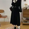 Vestido Elegante Negro de Manga Larga Estilo Francés Otoño Primavera Tallas Grandes para Chicas Gorditas Cintura Ceñida Adelgazante Falda Larga Estilo Hepburn Moda para Mujer