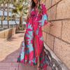 Verão 2026 Novo Estilo Transfronteiriço Europeu e Americano Comércio Exterior Moda Feminina Boêmio Solto Decote V Fenda Vestido Estampado