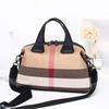 Portátil Simples Contraste Cor Boston Couro Genuíno Saco Feminino Casual All-match Algodão Linho Crossbody Bolsa Elegante Bolsa de Ombro 8351