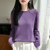 Camiseta básica de punto sin costuras con cuello redondo para mujer, con dobladillo enrollado, color liso, manga larga, diseño simple, versátil para el uso diario, y estilo pullover