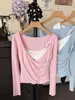 Conjunto de Dos Piezas Ruoxin Camiseta Casual de Manga Larga con Cuello Cruzado en V Camisola de Encaje con Cuello en V Chaleco de Espalda Cruzada Conjunto de Dos Piezas en Capas