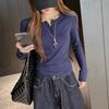 Camiseta de Manga Larga con Botones, Cuello Redondo Medio Abierto y Diseño Dongdaemun para Mujer en Otoño e Invierno que se Puede Usar como Prenda Base