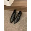 Sapatos Mary Jane de Couro Bico Fino Salto Bloco Estilo Francês 2025 Novo Primavera Sapatos Elegantes de Noite Boca Rasa Sapatos Únicos Sapatos Femininos