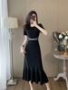 Xiaoxiangfeng Treze Linha Mulheres Gelo Seda Vestido Tricotado Mulheres Vestido de Verão Sobre o Joelho Longo Quadril Preto Fishtail Saia