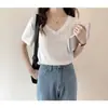 Camiseta de Verano Estilo Coreano Cuello en V Color Sólido Casual Versátil Seda de Hielo Acanalada Manga Corta Top Holgado para el Día a Día