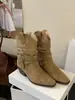 Primer Encuentro Temporada Botines Tacón Grueso Botas Vaqueras Mate Temporada Otoño/Invierno Tacones Altos Botas Apiladas Mujer Retro Versátil Plisadas Botas de Caballero