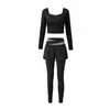 Conjunto de Yoga Falso Duas Peças para Mulheres, Gola Quadrada Manga Longa Calça de Cintura Alta Levanta Bumbum, Conjunto Profissional de Duas Peças para Pilates Esporte Fitness