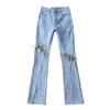 Jeans Feminino Europeu e Americano Novo Spice Girl Personalidade Alça Jeans Feminino Europeu e Americano Senso de Design Slim-fit Micro-boca Tubo Reto Calça Fenda