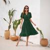 Vestido Casual de Amazon Transfronterizo con Cuello en V, Cintura Alta y Lazo con Pompones, Manga Corta para Vacaciones y Viajes, Vestido de Playa