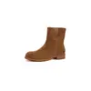 Botas Curtas de Couro Genuíno Khaki Huizu Mei para Mulheres 2025 Outono Novo Estilo Britânico Camurça de Vaca Bico Redondo Botas Femininas Atacado