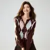Cárdigan de Cachemira para Mujer 2026 Otoño Estilo Francés-Británico Bloque de Color Patrón de Diamantes Tejido Jacquard Abrigo Cárdigan Suéter