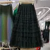 Saia de Bolo com Lantejoulas Nova Outono e Inverno, Saia Elegante de Gaze em Camadas, Saia Média de Fada, Saia Longa de Renda de Cintura Alta em Linha A