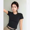 Camiseta básica de color liso para mujer, cuello redondo, hombros normales, manga corta, top slim fit de verano, versátil y adelgazante