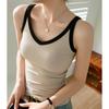 [Use Bons Materiais] Camisola Decote V de Design Premium para Mulheres, Peça de Roupa para o Verão, Novo Estilo 2026, Color-Blocking, Cintura Alta, Estilo Curto
