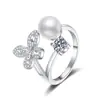 Anel de prata esterlina S925 com moissanita para mulheres, pérola natural de água doce, borboleta, alta qualidade, luxo leve, anel ajustável, atacado