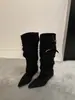 Botas de Cavaleiro Femininas Vintage Bico Fino Salto Bloco 2026 Novo Estilo Fivela de Cinto Ocidentais Plissadas Longas