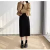 Falda Midi de Mezcla de Lana Negra Talla Grande con Abertura para Mujer Otoño/Invierno Cintura Alta Adelgazante Cubre Cadera Falda Lápiz de Longitud Media Línea A