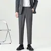 Pantalones de traje de negocios para hombre, sin arrugas, corte slim, pantalones casuales rectos negros, ropa de oficina, con caída, largo crop, en stock