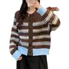 Cardigan de Tricô Listrado Color-Block Retrô Gola Redonda 2026 Outono/Inverno Novo Manga Longa Emagrecedor Suéter Casaco Feminino Top Tendência