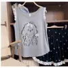 Pijama de regata e shorts de verão para mulheres, sem mangas, fino, estilo coreano, tamanho grande, conjunto de roupa de casa soltinha com bojo