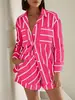 Conjunto casual listrado de moda europeia e americana para mulheres 2026, camisa de manga longa de verão e shorts de cintura elástica, conjunto de duas peças da Amazon