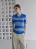 Camiseta de punto de manga corta con cuello polo a rayas de color block estilo francés para mujer, top de punto vintage de alta gama para verano