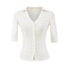Estilo Deseo Puro Sexy Cuello Polo de Una Sola Fila Manga Media Color Sólido Camisa Otoño Nuevo Ajuste Delgado Chica Atrevida Elegante Top para Mujer