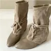 Botas Femininas Retro Bico Fino Salto Escondido Salto Bloco 2026 Nova Moda Outono Cadarço Meia-Canela Botas Patchwork Camurça Botas Curtas