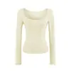 T-shirt Sexy Quente para Mulher com Decote U, Bolso, Manga Longa, Estilo Puro Desejo, Corte Justo na Cintura, Afinando, Cor Sólida, Camada Base Elástica