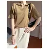 Top de Malha Old Money com Fio Pontilhado e Gola Polo em Tencel de Manga Curta para Mulheres, Verão Francês Soltinho Emagrecedor Camiseta de Linho de Meia Manga