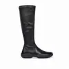 Botas longas elásticas para mulheres, botas de corte justo, novo estilo outono e inverno, bico redondo, salto baixo, zíper lateral casual, botas longas de couro elástico para mulheres