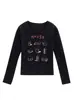 Camiseta negra de cuello en U y manga larga para mujer, nuevo estilo primavera y otoño, estampado de casa de dibujos animados, corte ajustado, top moderno