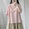 Nova camisa feminina de verão, gola alta retrô, tecido jacquard bordado, manga curta, corte solto, vestido de chá versátil