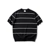 Rumei Verano Nuevo Estilo Cuello Redondo Rayas Tejido Manga Corta Hombre Estilo Old Money Pareja Versátil Transpirable Agradable a la Piel Ligeramente Elástico Top