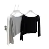 Camisa de manga larga ligeramente holgada, off-shoulder, gris/negro/blanco, para principios de otoño, mangas off-shoulder de mohair, corte holgado, con etiquetas