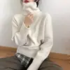 Suéter gola alta feminino para outono e inverno de 2025, casual e macio, de corte solto, com gola alta sobreposta, blusa de base em tricô