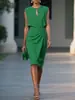 2026 Nuevo vestido de moda elegante de color liso ajustado con cuello redondo para mujer, sitio independiente de Amazon transfronterizo europeo y americano