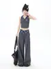 Conjunto de dos piezas de verano para mujer petite 150: Top de Patchwork a Cuadros con Cuello Halter sin Mangas y Pantalones de Pierna Ancha de Cintura Alta