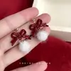Brincos Ankora Red Estilo Inverno 2025 Vermelho Vinho Laço Bola de Pelo Brincos de Laço Doce Retrô Fábrica