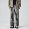 Jeans de mezclilla lavada para hombre 2026 nuevos y modernos, estilo pintura de tinta irregular, pantalones de pierna ancha hasta el suelo para hombre